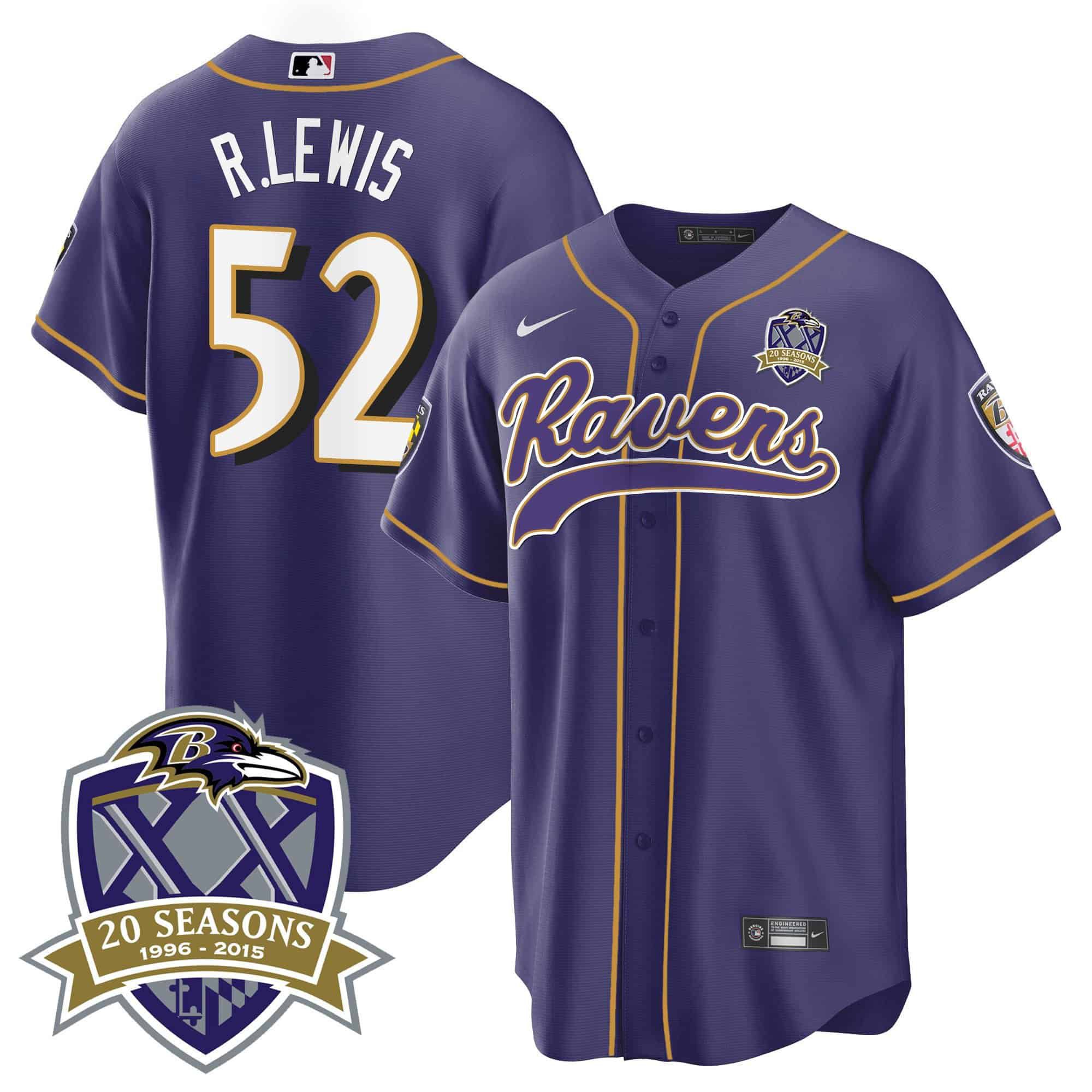 Men Baltimore Ravens 52 R.Lewis Purple 2024 Nike 20th Season Patch Baseball NFL Jersey style 1